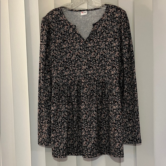 wiholl Tops - Black Floral Long Sleeve Peasant Top with Pink Flowers